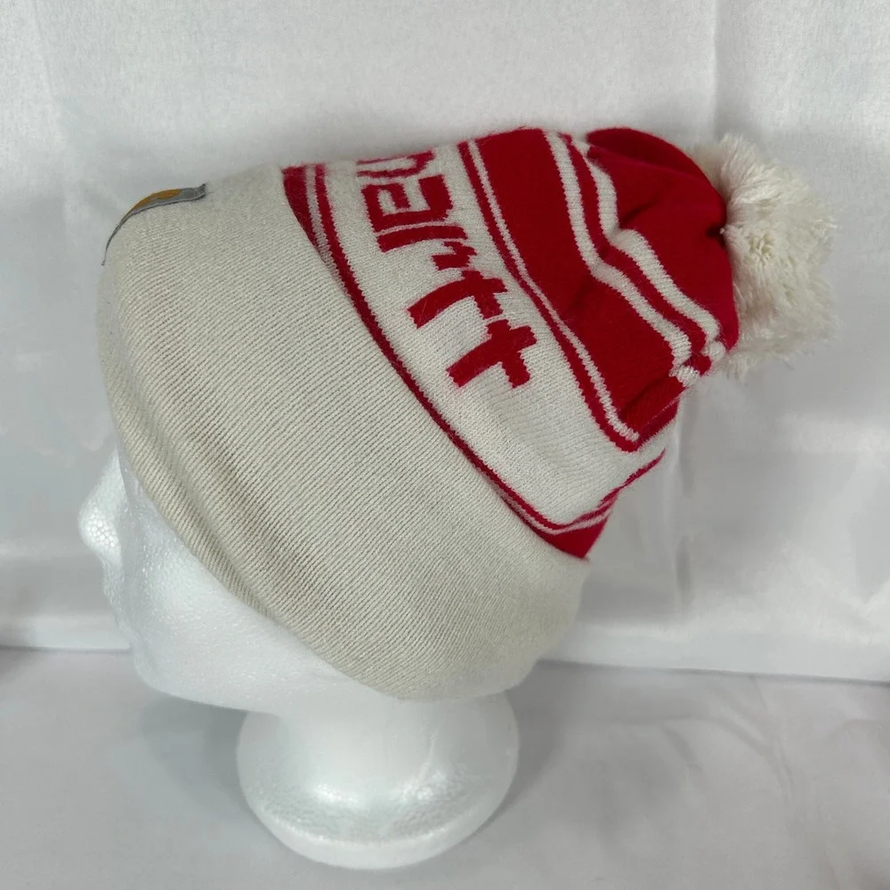 Carhartt Pom Pom Beanie Hat Red White Striped Knit Cuffed Logo One Size